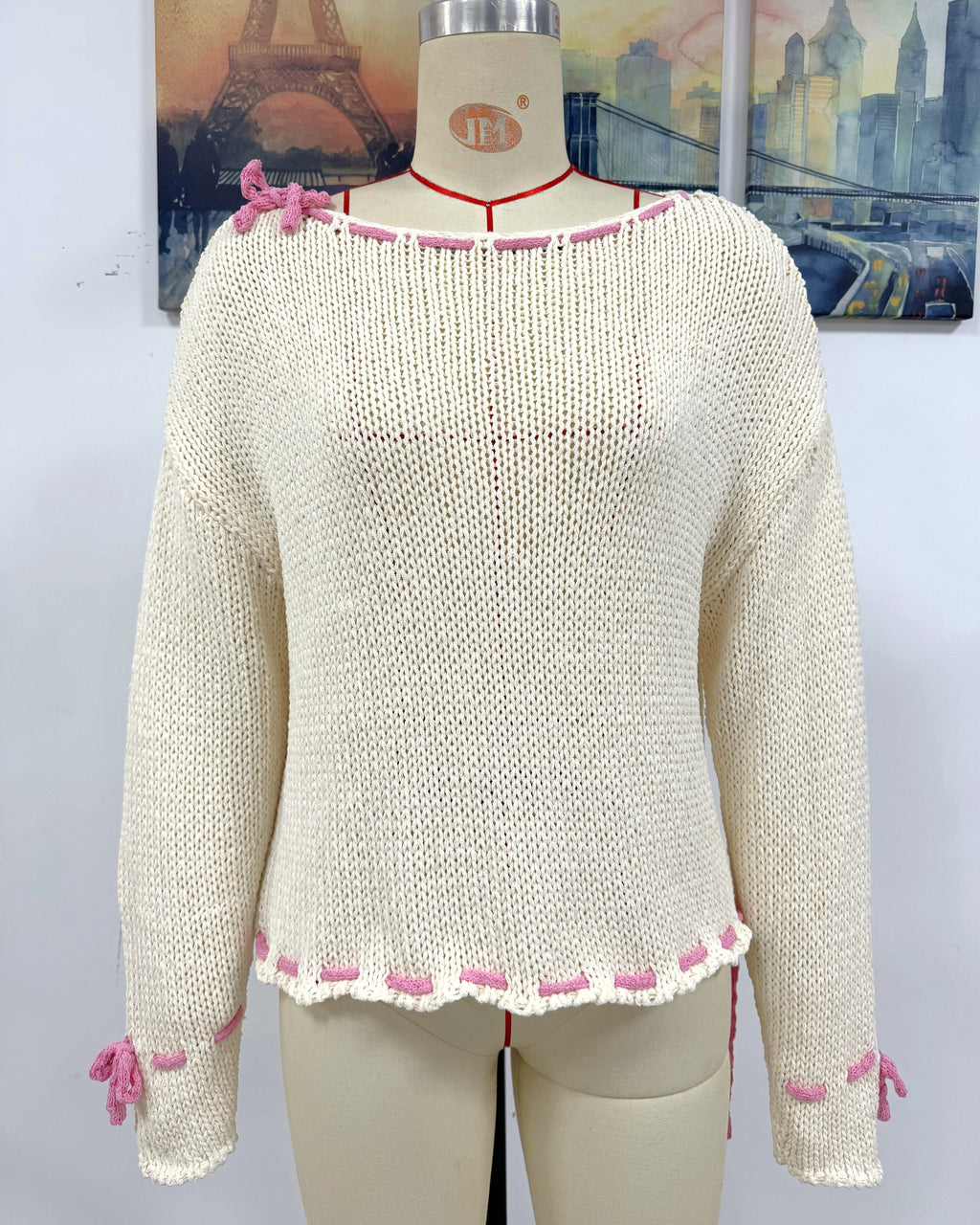 Whipstitch Bow Trim Boat Neck Sweater - Apricot - 1