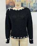 Whipstitch Bow Trim Boat Neck Sweater - Black