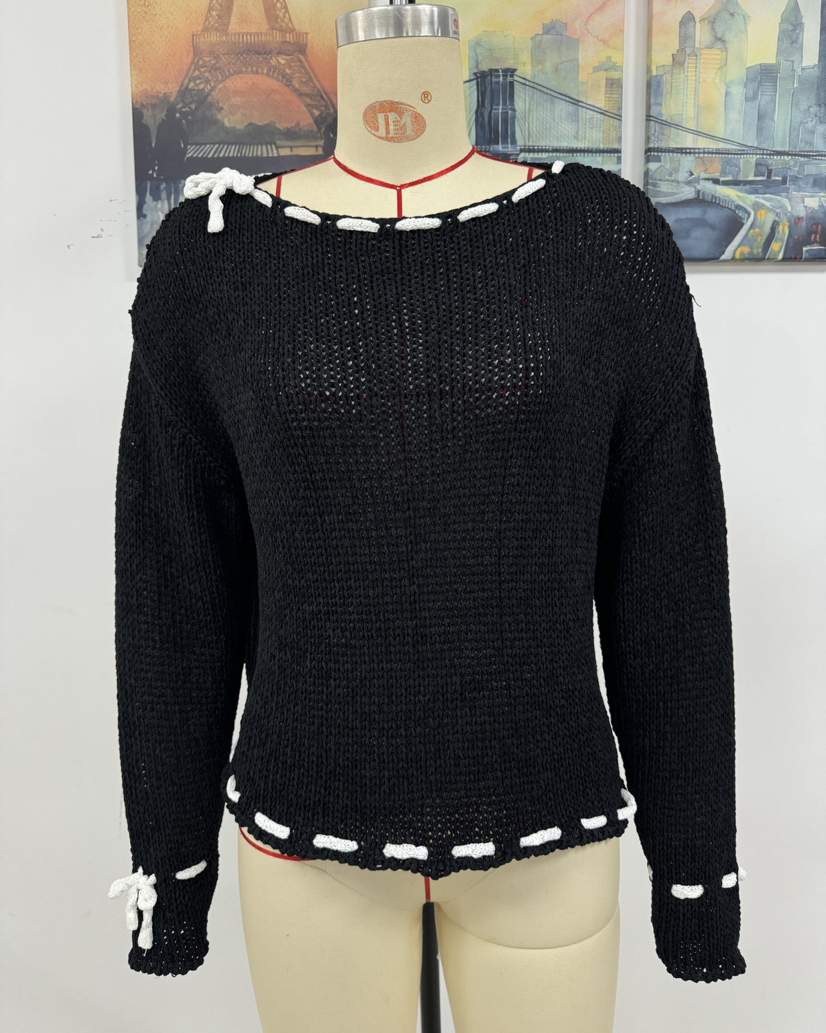 Whipstitch Bow Trim Boat Neck Sweater - Black