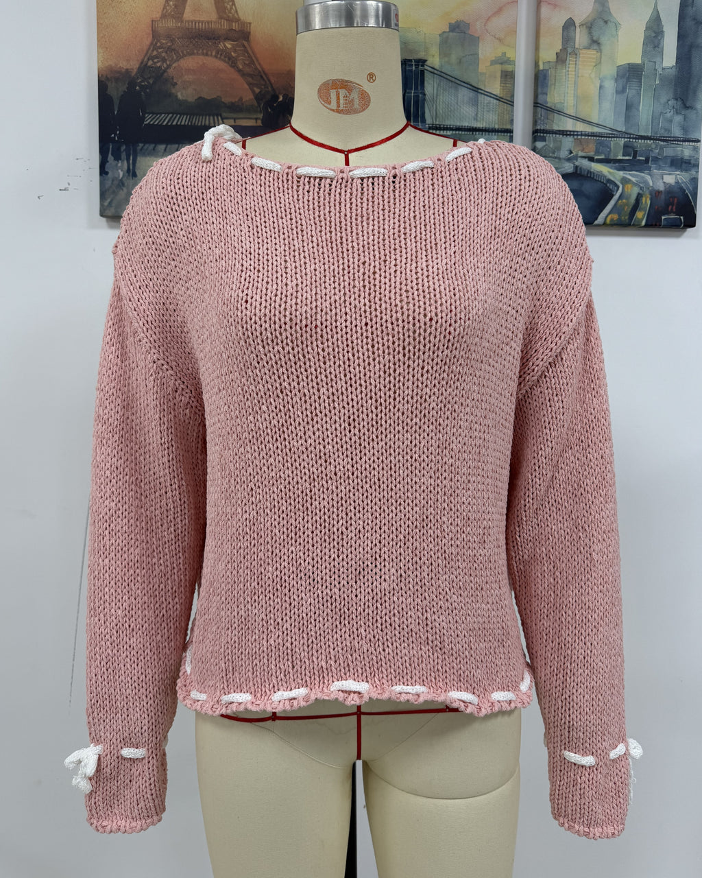 Whipstitch Bow Trim Boat Neck Sweater - Pink