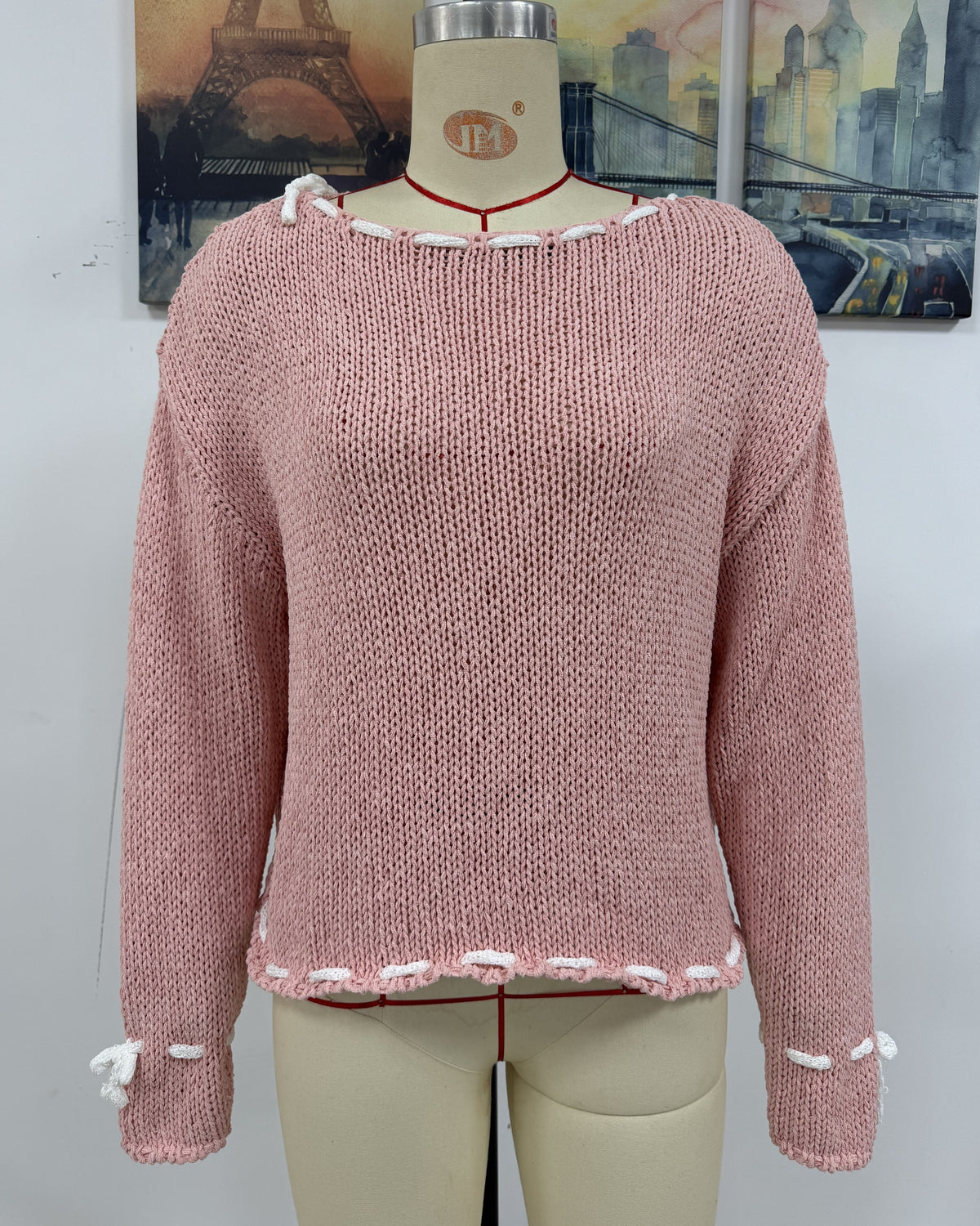 Whipstitch Bow Trim Boat Neck Sweater - Pink