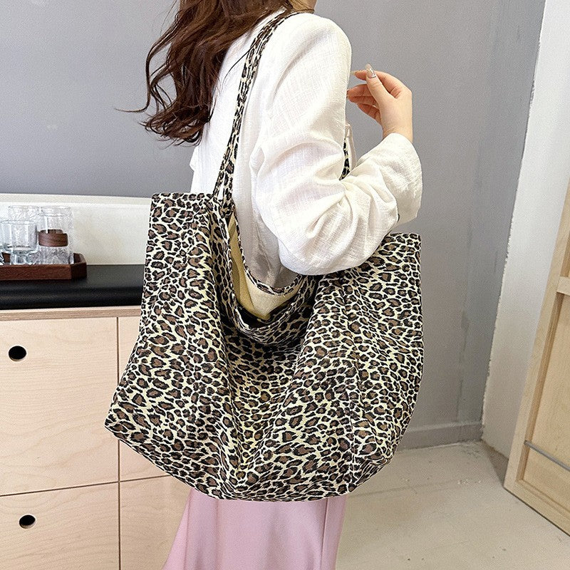 Oversized Leopard Print Canvas Tote Bag