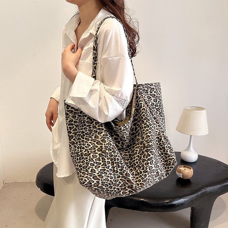 Oversized Leopard Print Canvas Tote Bag