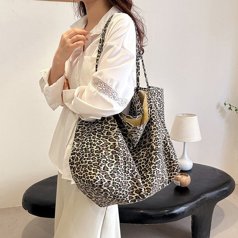 Oversized Leopard Print Canvas Tote Bag