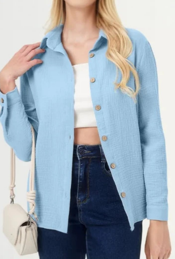 Oversized Crinkle Cotton Shirt With Wooden Buttons - Blue