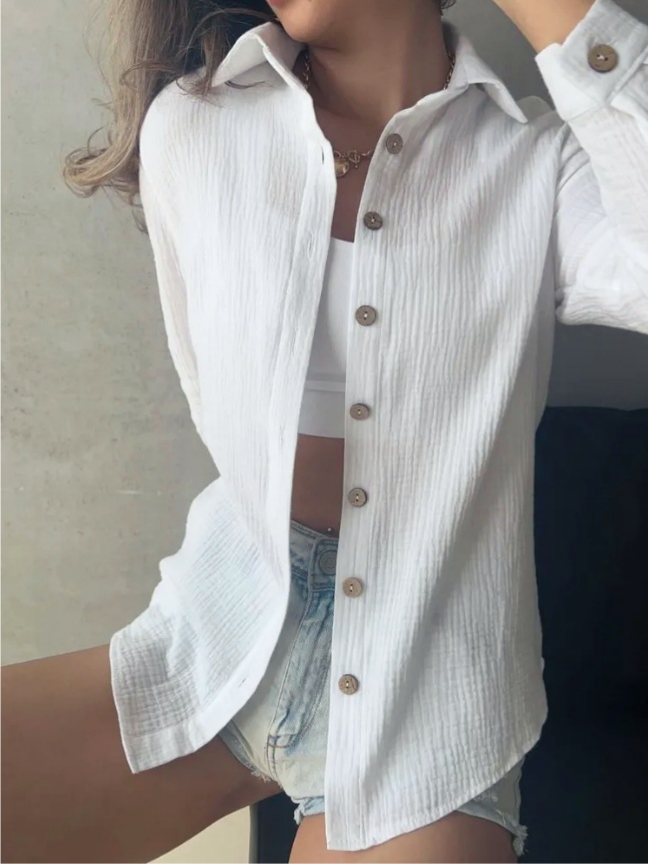 Oversized Crinkle Cotton Shirt With Wooden Buttons - White - 1