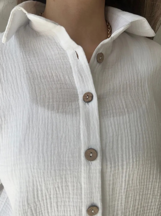 Oversized Crinkle Cotton Shirt With Wooden Buttons - White - 2