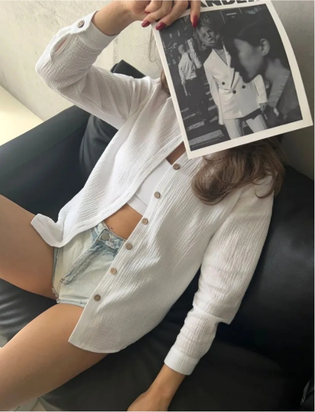 Oversized Crinkle Cotton Shirt With Wooden Buttons - White - 3