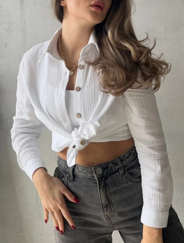 Oversized Crinkle Cotton Shirt With Wooden Buttons - White - 4
