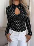 Keyhole Mock Neck Long Sleeve Polka Dot Bodysuit - Black