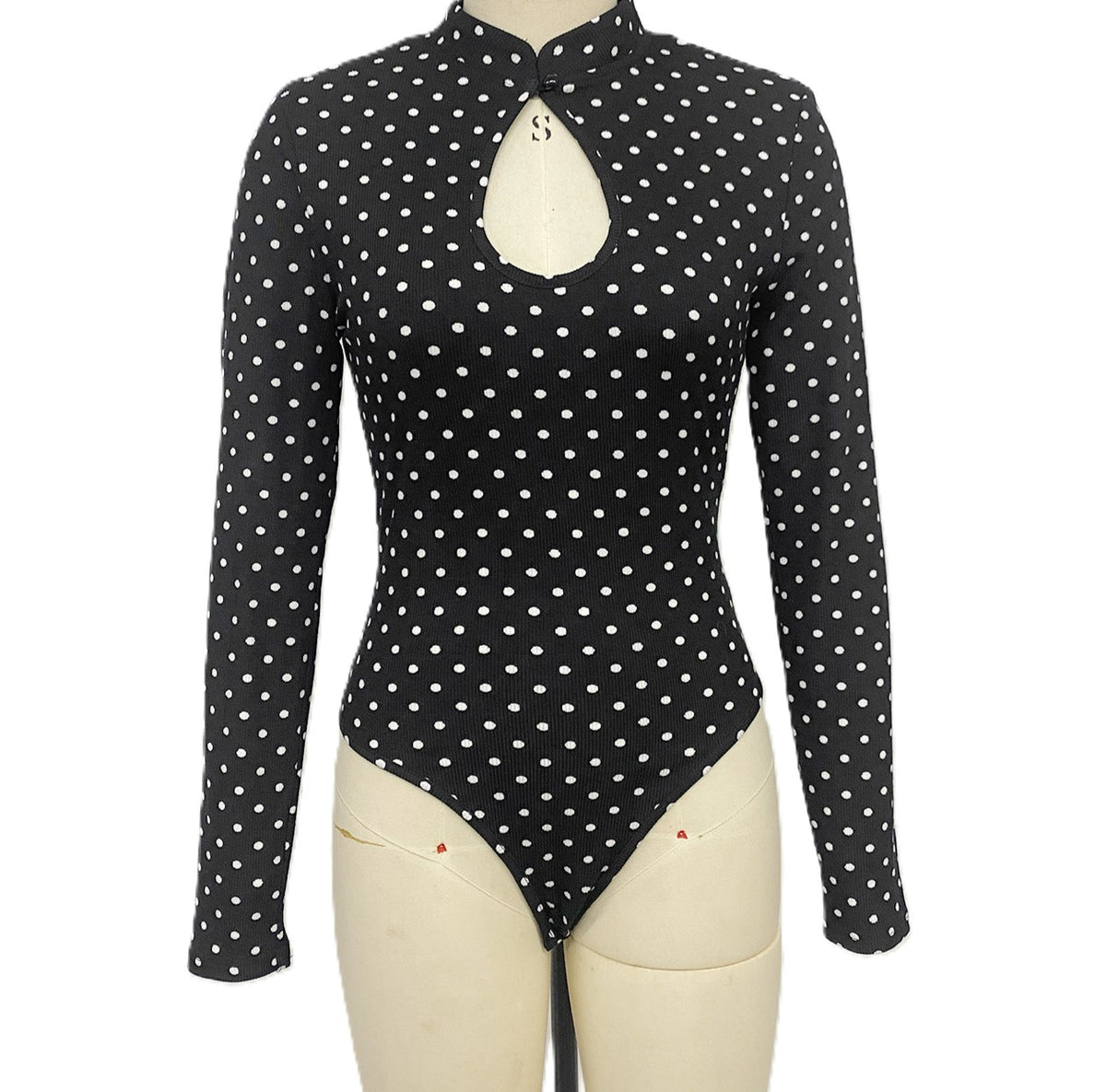 Keyhole Mock Neck Long Sleeve Polka Dot Bodysuit - Black - 1