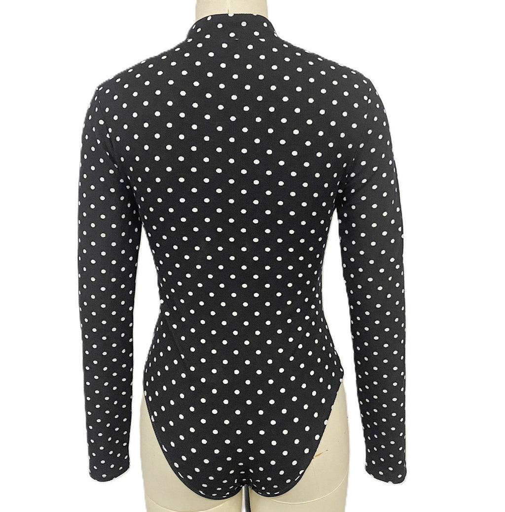 Keyhole Mock Neck Long Sleeve Polka Dot Bodysuit - Black - 2