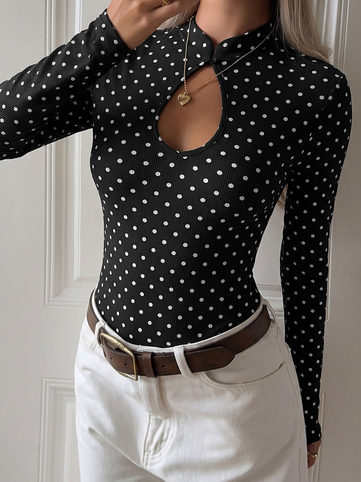 Keyhole Mock Neck Long Sleeve Polka Dot Bodysuit - Black - 3