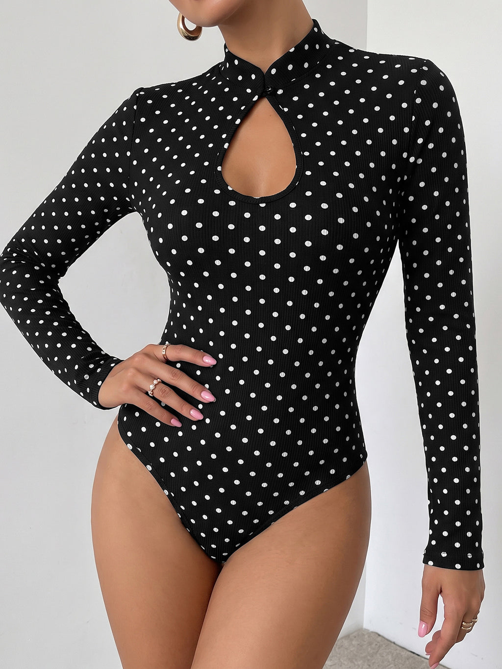 Keyhole Mock Neck Long Sleeve Polka Dot Bodysuit - Black - 5