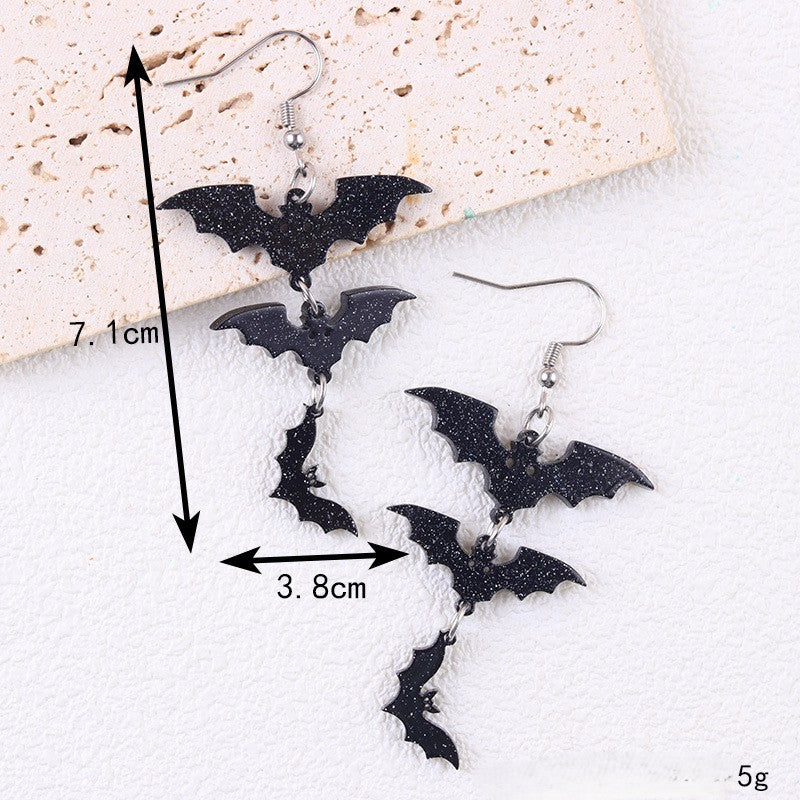 Cascading Bat Halloween Statement Drop Earrings - Black