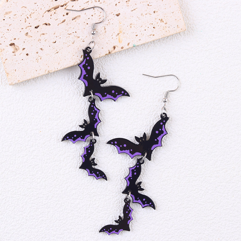 Cascading Bat Halloween Statement Drop Earrings - Purple