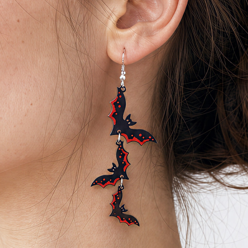 Cascading Bat Halloween Statement Drop Earrings - Red