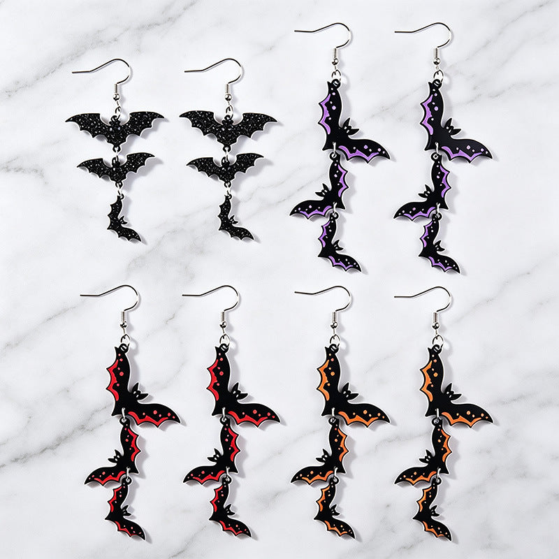 Cascading Bat Halloween Statement Drop Earrings - Red - 2