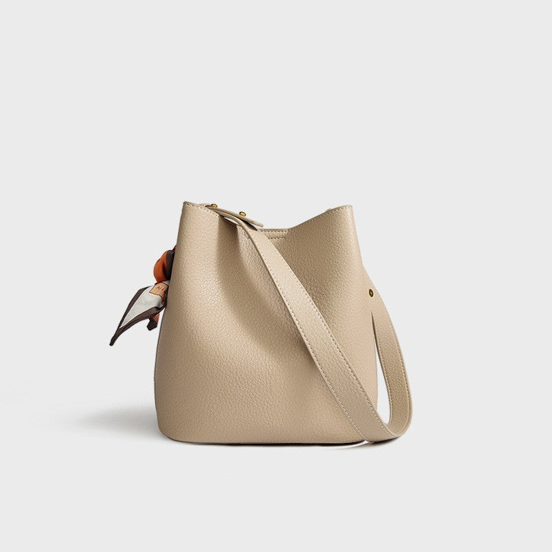 Soft Bucket Bag Set with Pouch and Scarf - Beige