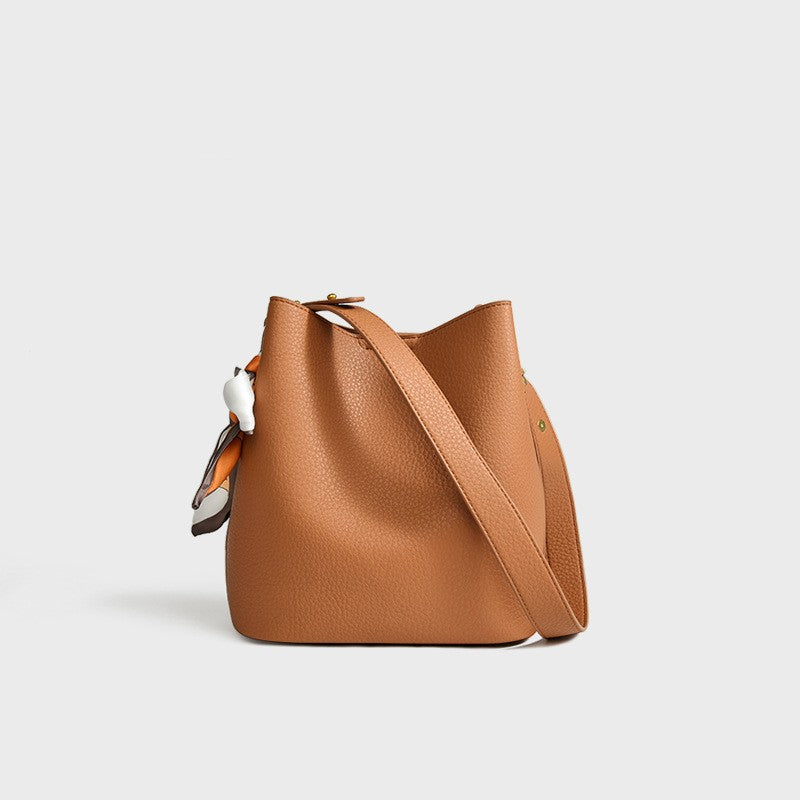 Soft Bucket Bag Set with Pouch and Scarf - Caramel