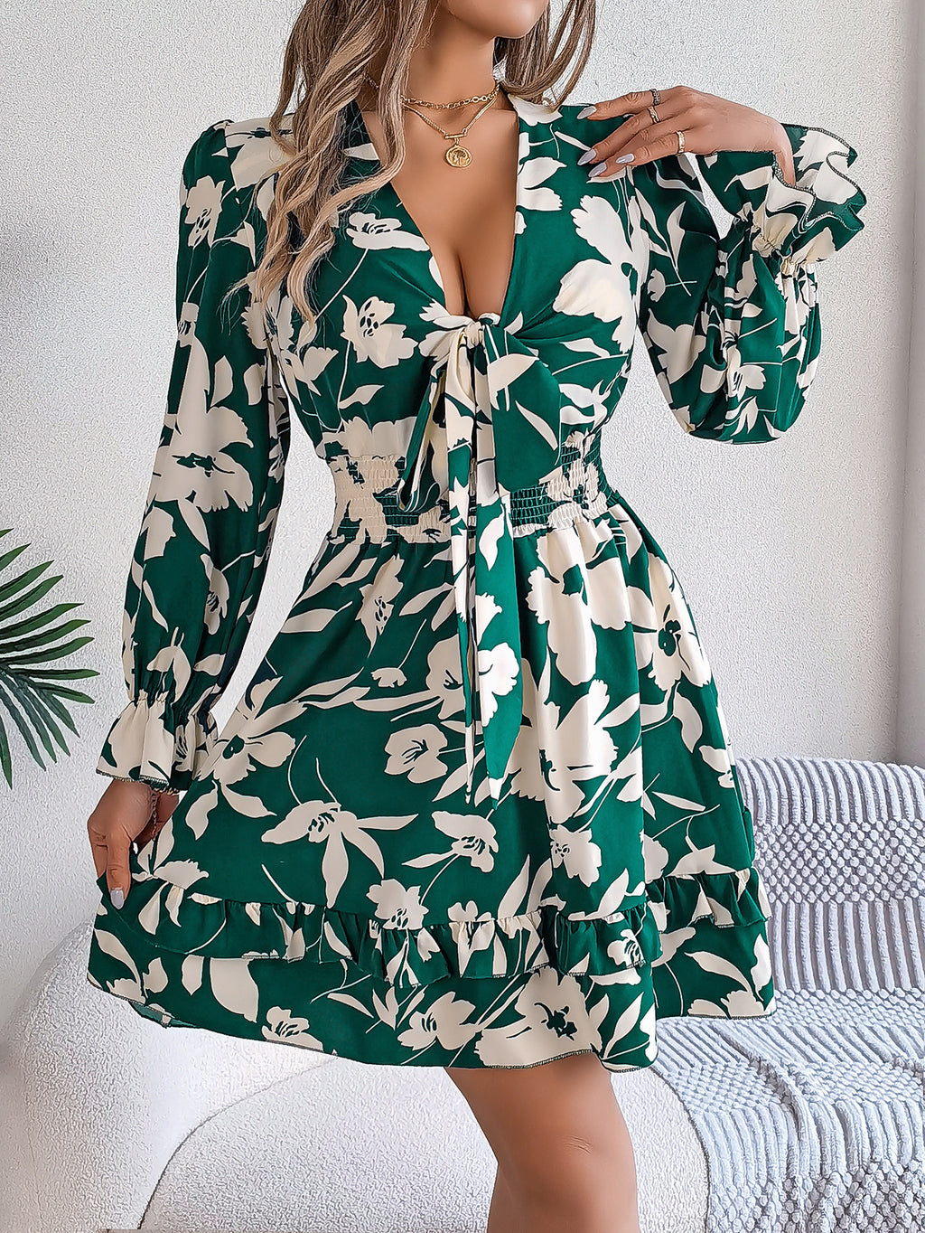 Bold Floral Tie Front Ruffle Hem Dress - Green