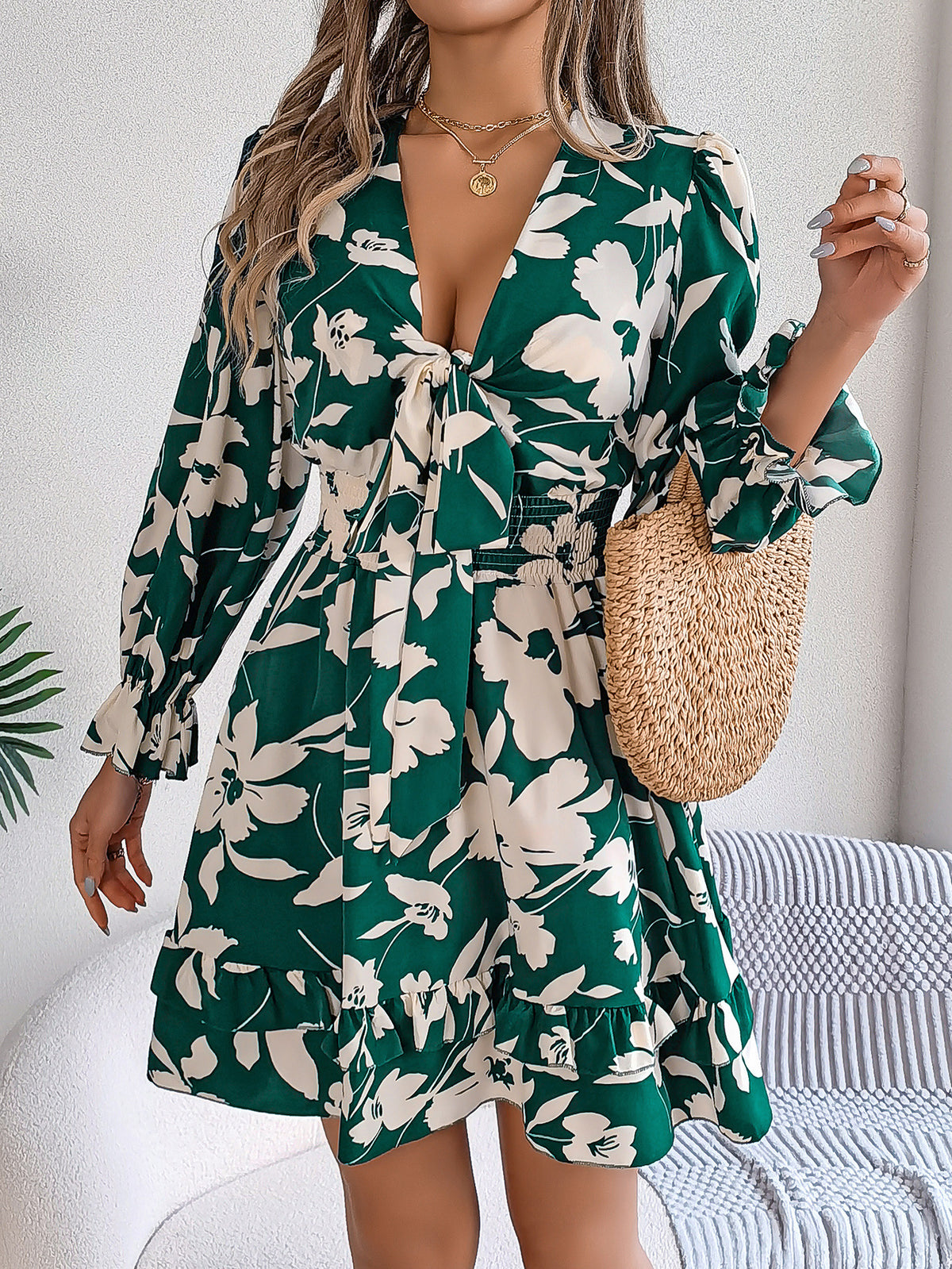 Bold Floral Tie Front Ruffle Hem Dress - Green - 2