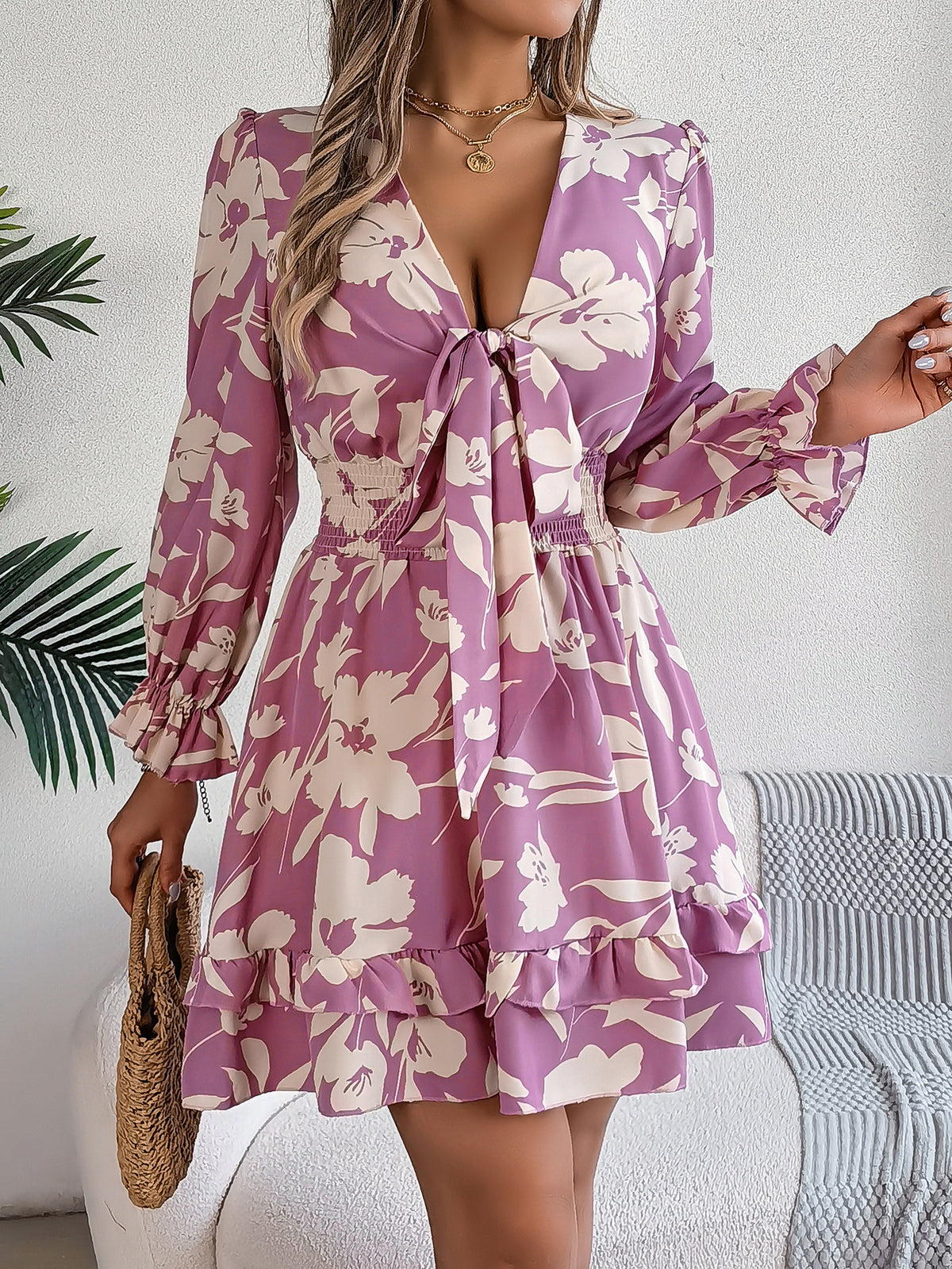 Bold Floral Tie Front Ruffle Hem Dress - Purple - 1