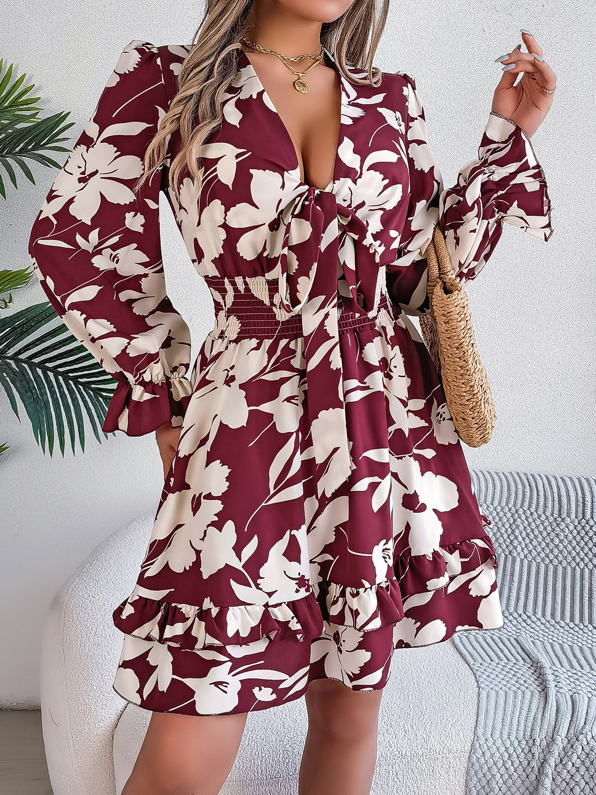 Bold Floral Tie Front Ruffle Hem Dress - Winered - 2