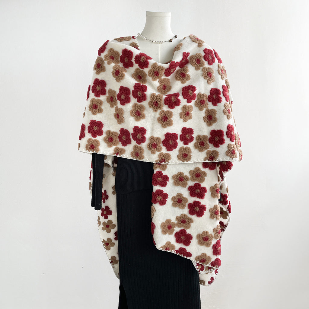 Fuzzy Floral Open Front Cape Shawl - Beige - 2