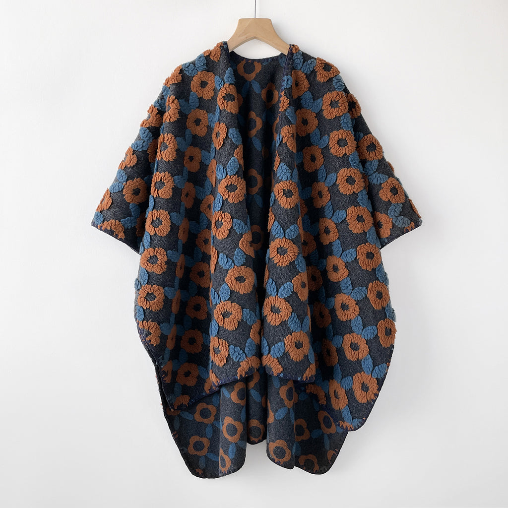 Fuzzy Floral Open Front Cape Shawl - Blue