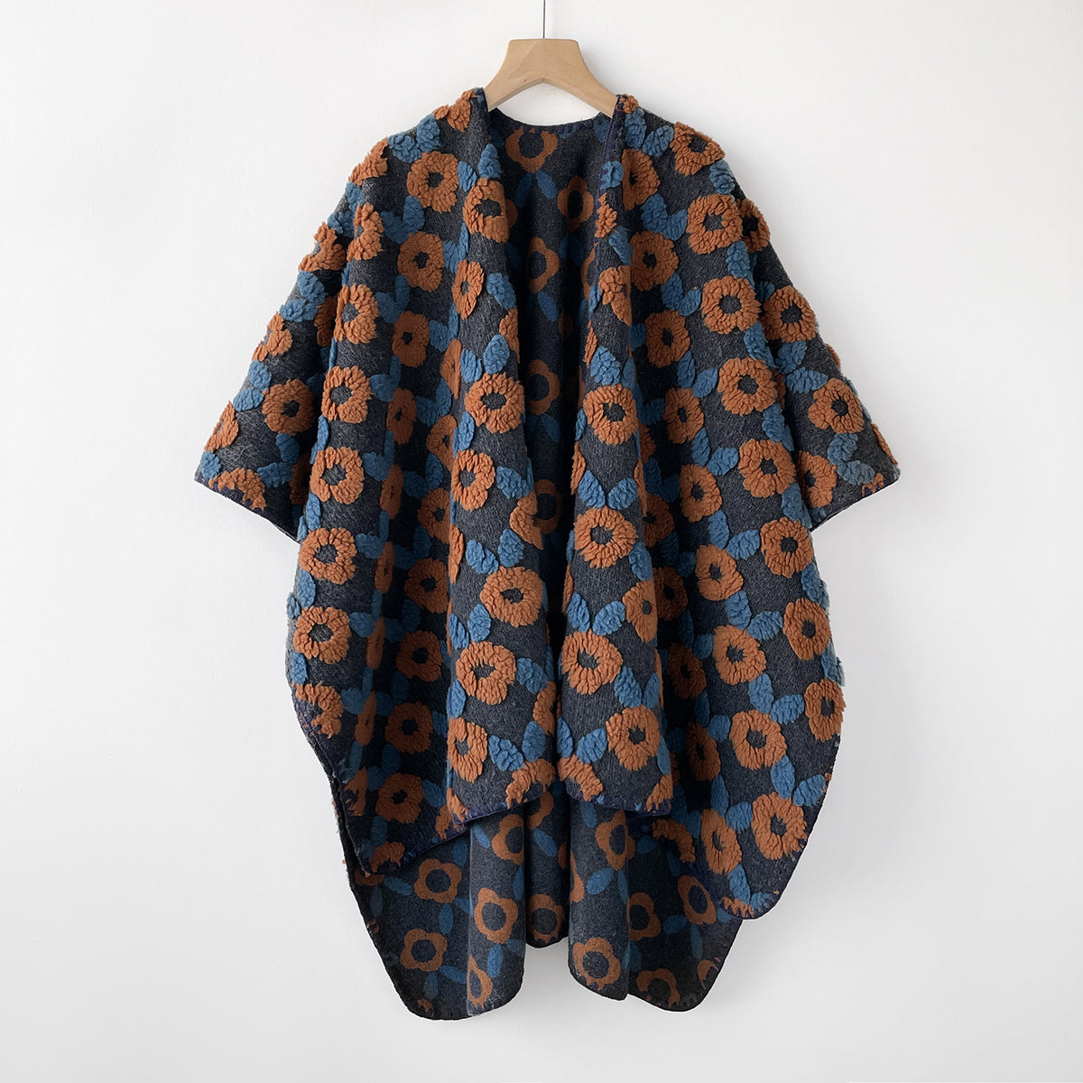 Fuzzy Floral Open Front Cape Shawl - Blue