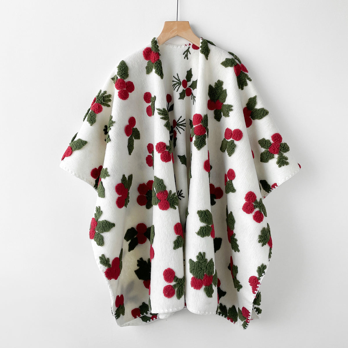Fuzzy Floral Open Front Cape Shawl - White