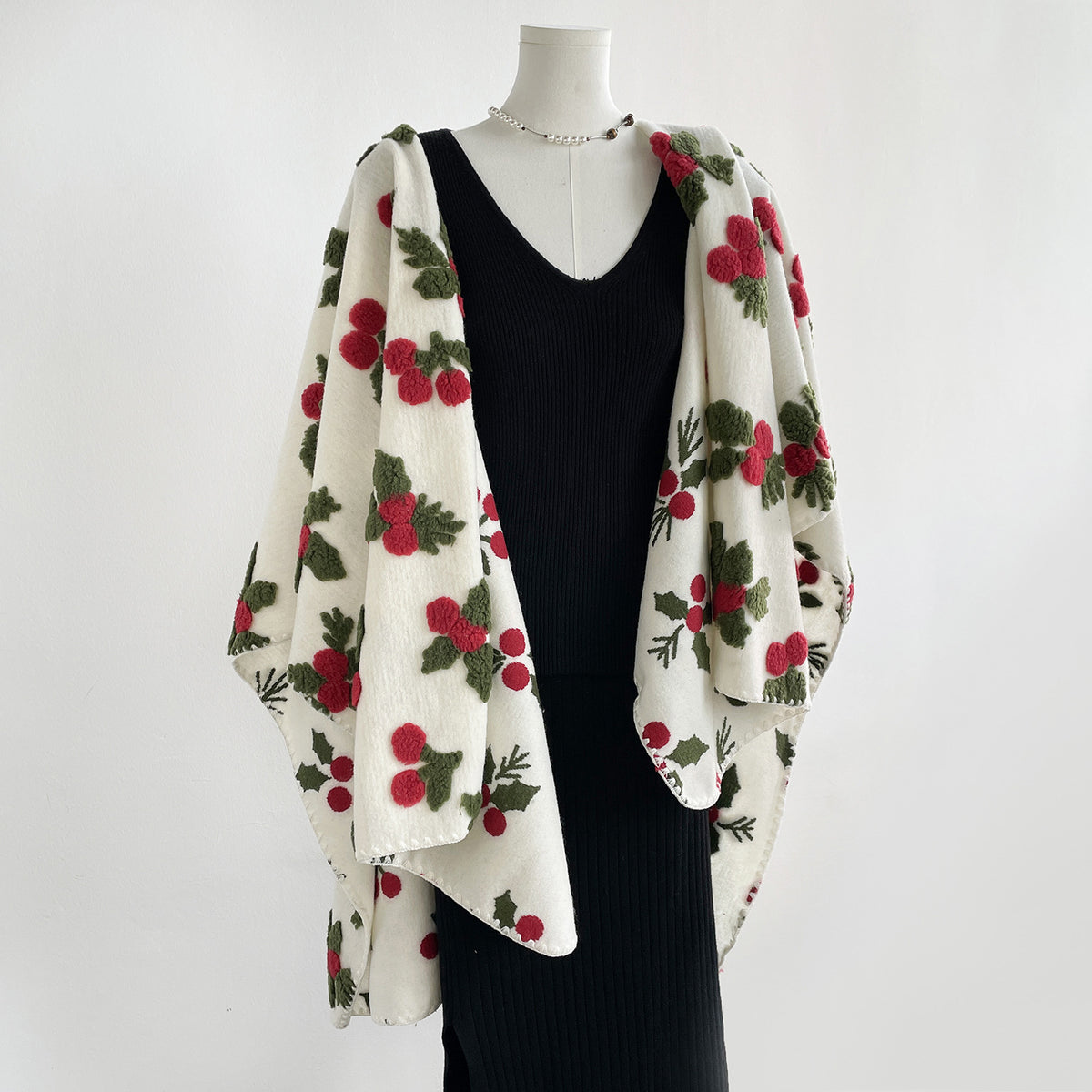 Fuzzy Floral Open Front Cape Shawl - White - 1