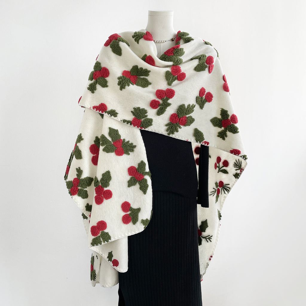 Fuzzy Floral Open Front Cape Shawl - White - 2