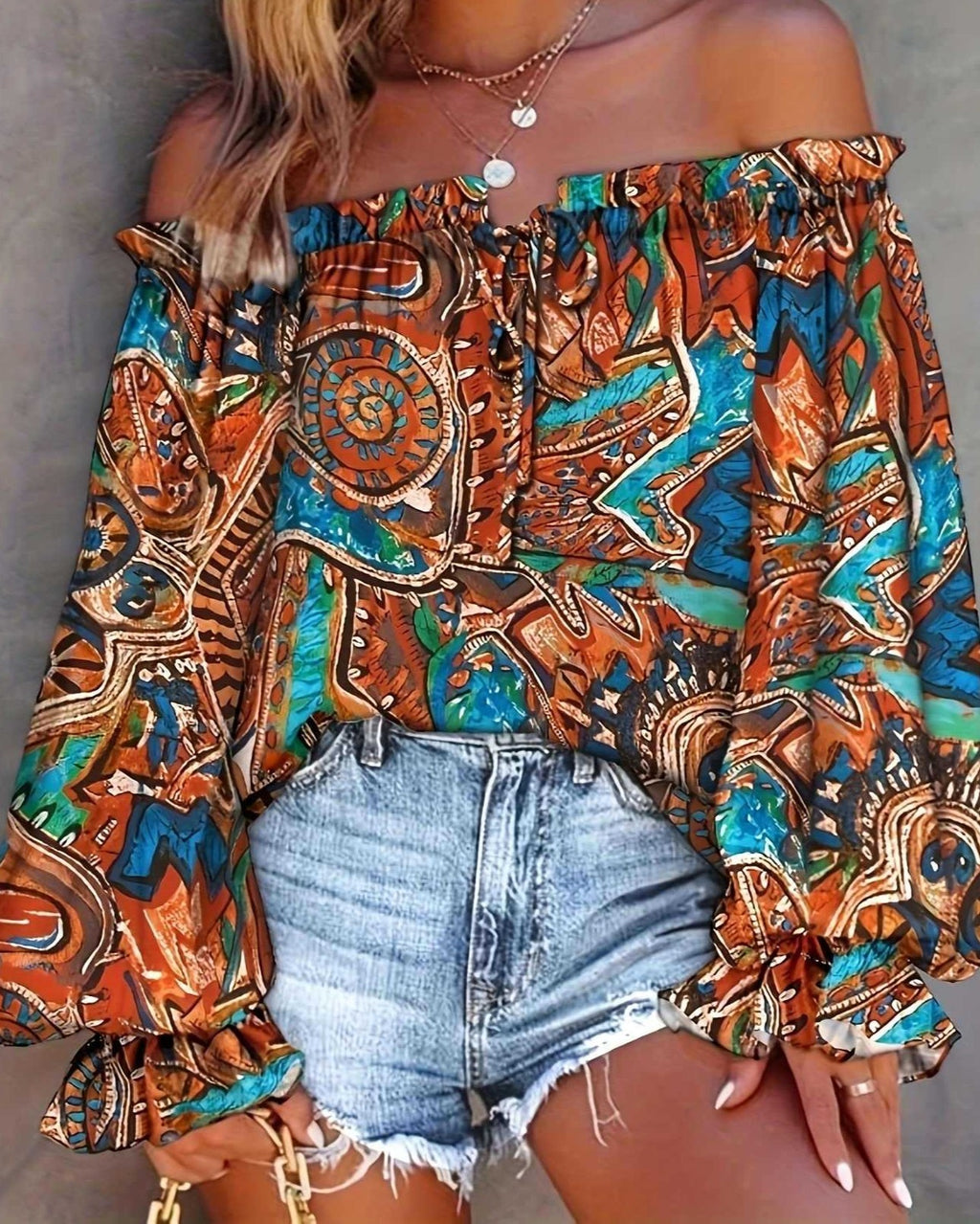 Off Shoulder Print Balloon Sleeve Top - Orange