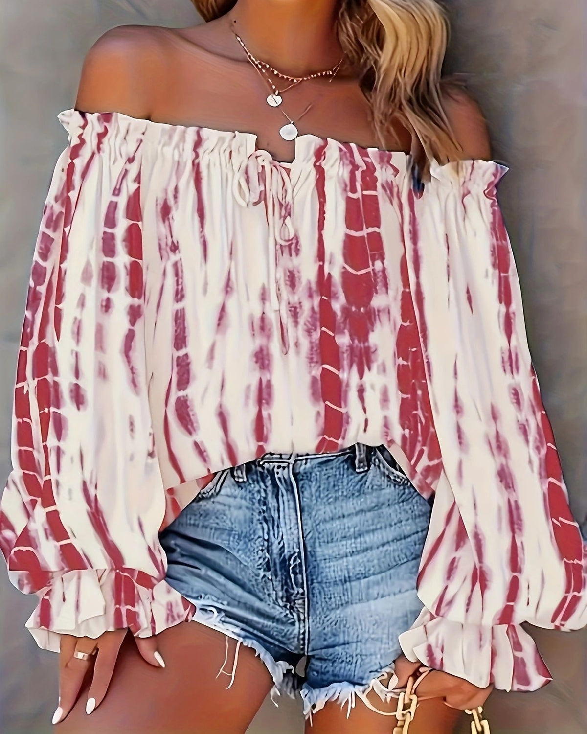 Off Shoulder Print Balloon Sleeve Top - Pink