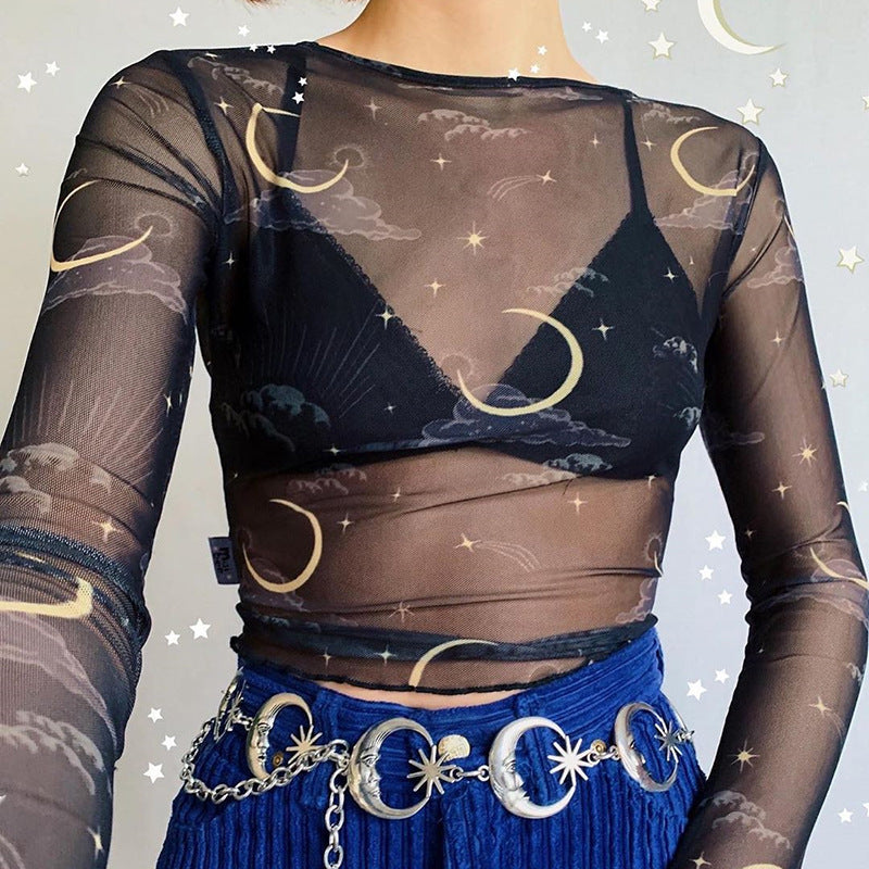 Star Print Lettuce Trim Mesh Top - Black