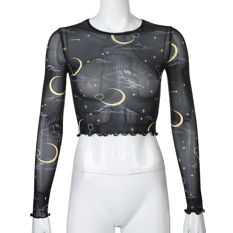 Star Print Lettuce Trim Mesh Top - Black - 1