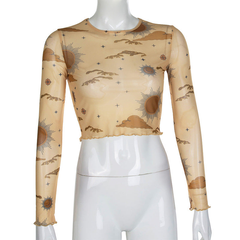 Star Print Lettuce Trim Mesh Top - Khaki