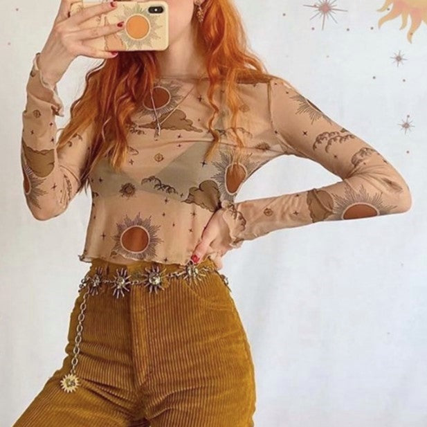 Star Print Lettuce Trim Mesh Top - Khaki - 2