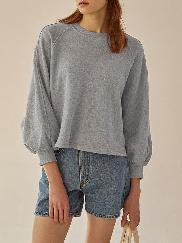 Balloon Sleeve Cropped Crewneck Tee - Ash