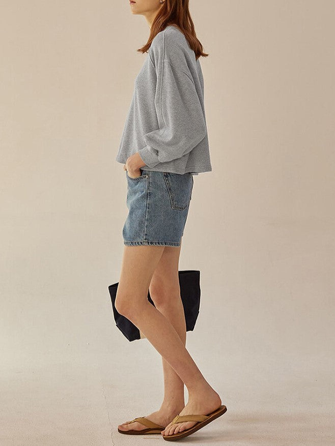 Balloon Sleeve Cropped Crewneck Tee - Ash - 2