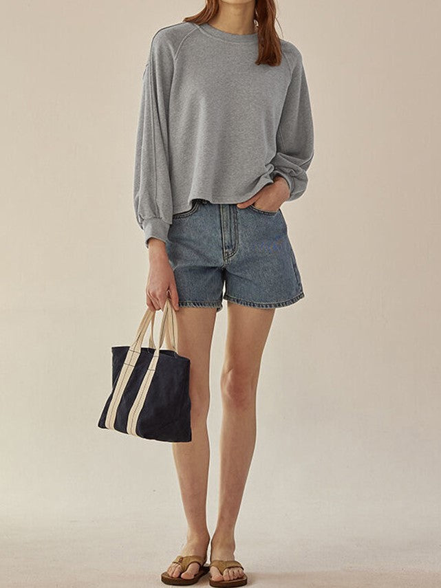 Balloon Sleeve Cropped Crewneck Tee - Ash - 3