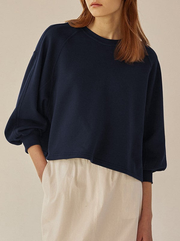 Balloon Sleeve Cropped Crewneck Tee - Navy