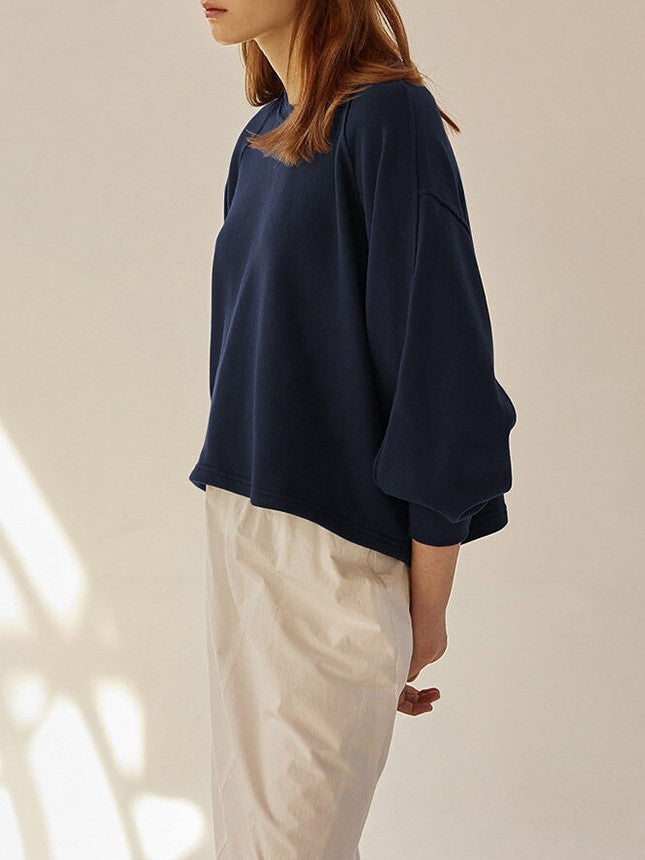 Balloon Sleeve Cropped Crewneck Tee - Navy - 1