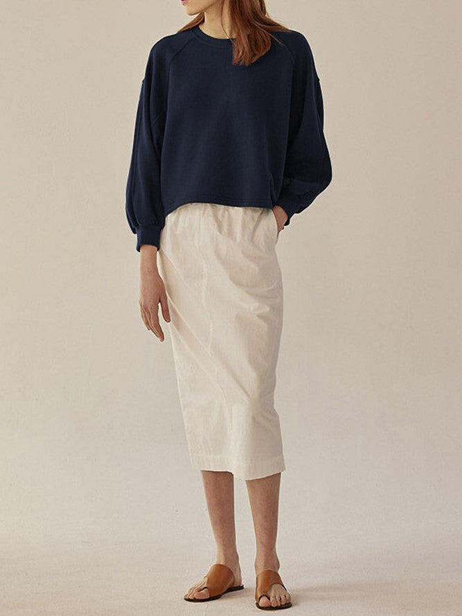 Balloon Sleeve Cropped Crewneck Tee - Navy - 2