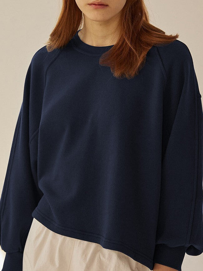 Balloon Sleeve Cropped Crewneck Tee - Navy - 3