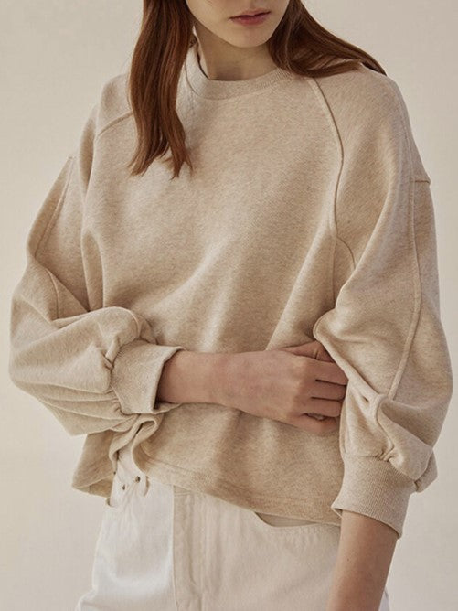 Balloon Sleeve Cropped Crewneck Tee - Oatmeal - 1