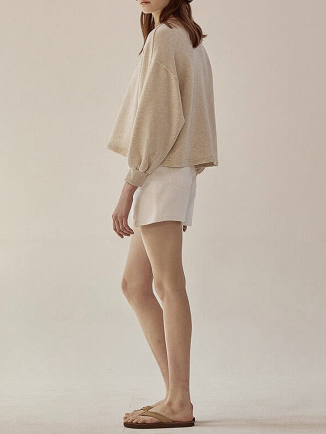 Balloon Sleeve Cropped Crewneck Tee - Oatmeal - 2