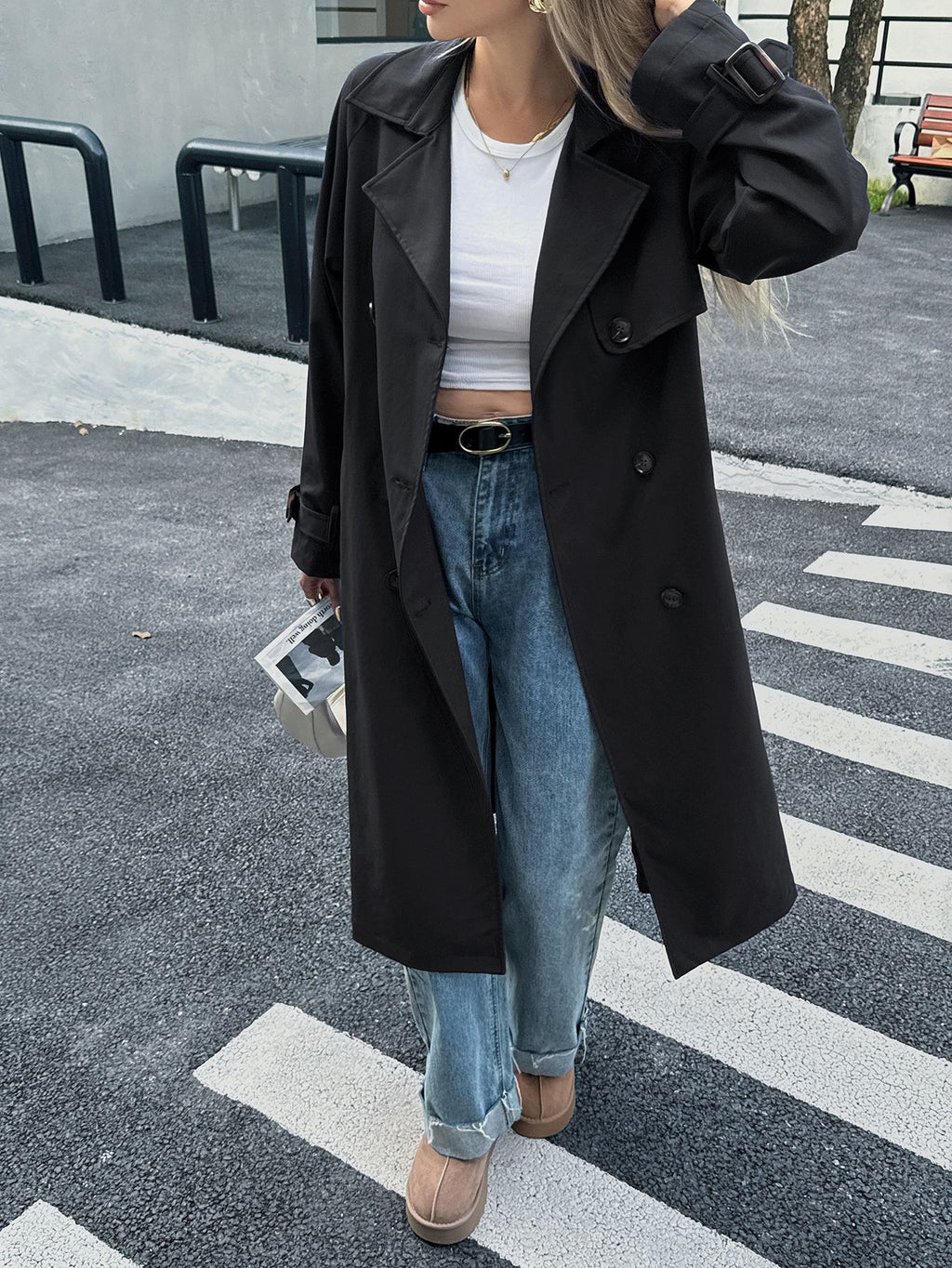 Double Breasted Belted Longline Trench Coat - Black
